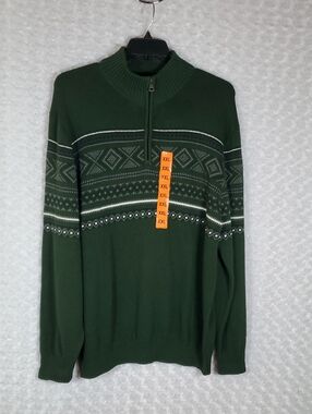 Weatherproof Men's Dark Green Zip-Up Fair Isle Sweater XXL